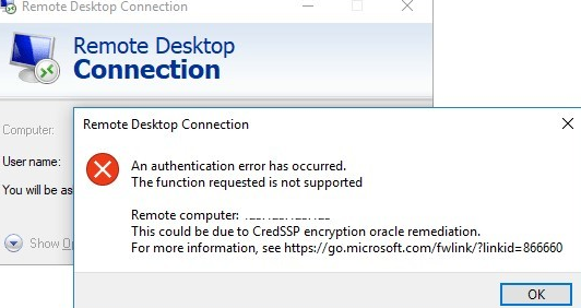 This could be due to CredSSP encryption oracle remediation. RDP Hatası Çözümü